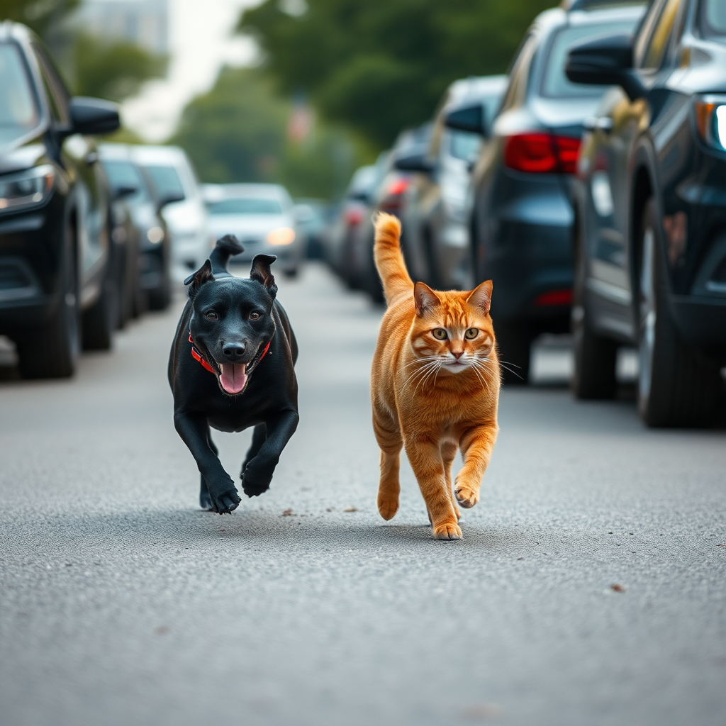 Animals running happily in busy city street.