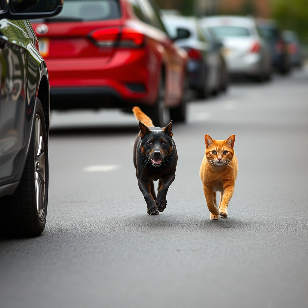 Animals running on road near cars.