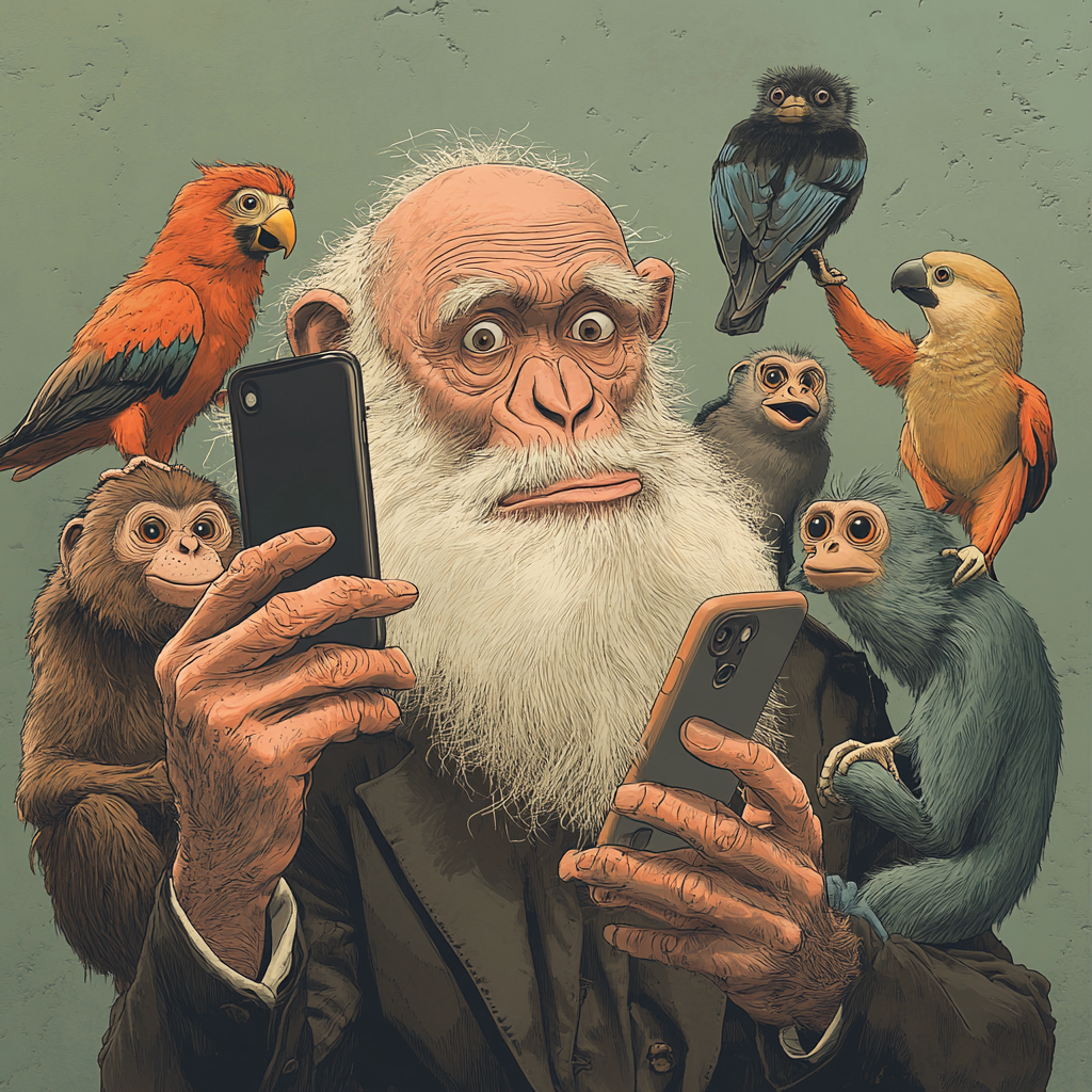 Animals taking silly selfie with puzzled Darwin watching.