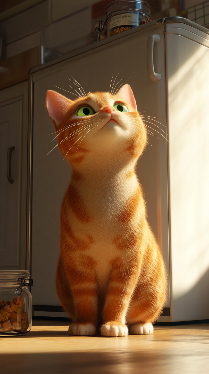 Animated Cat Longing for Treat in Kitchen