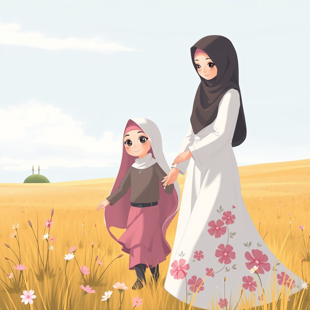 Animated Mother-Daughter Duo Playing in Islamic Attire