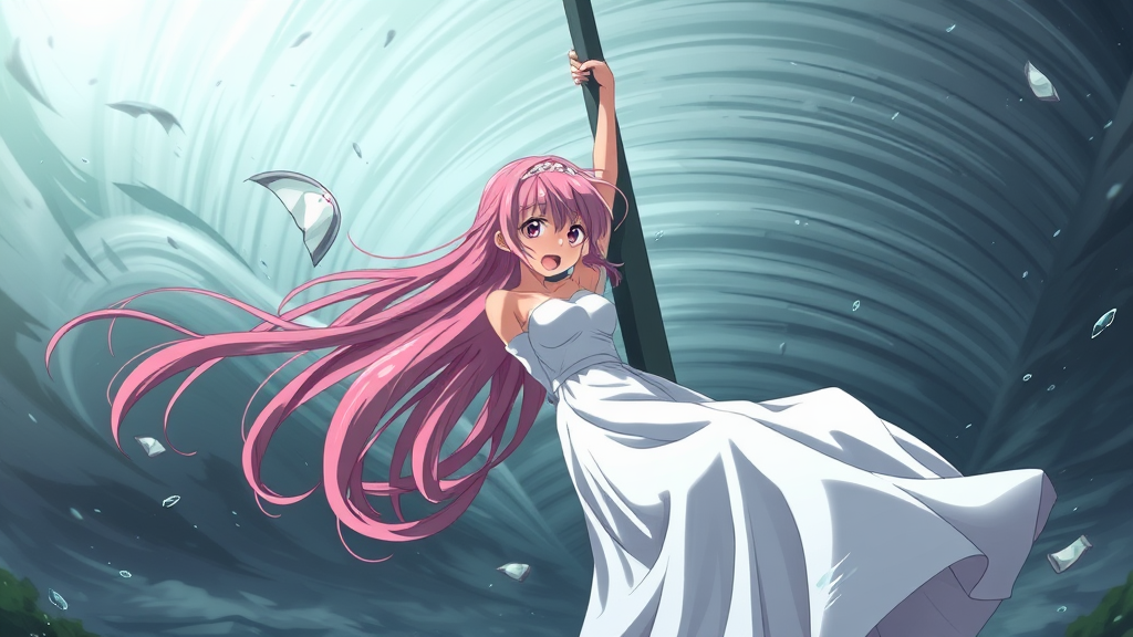 Anime Girl Clinging to Pole in Tornado