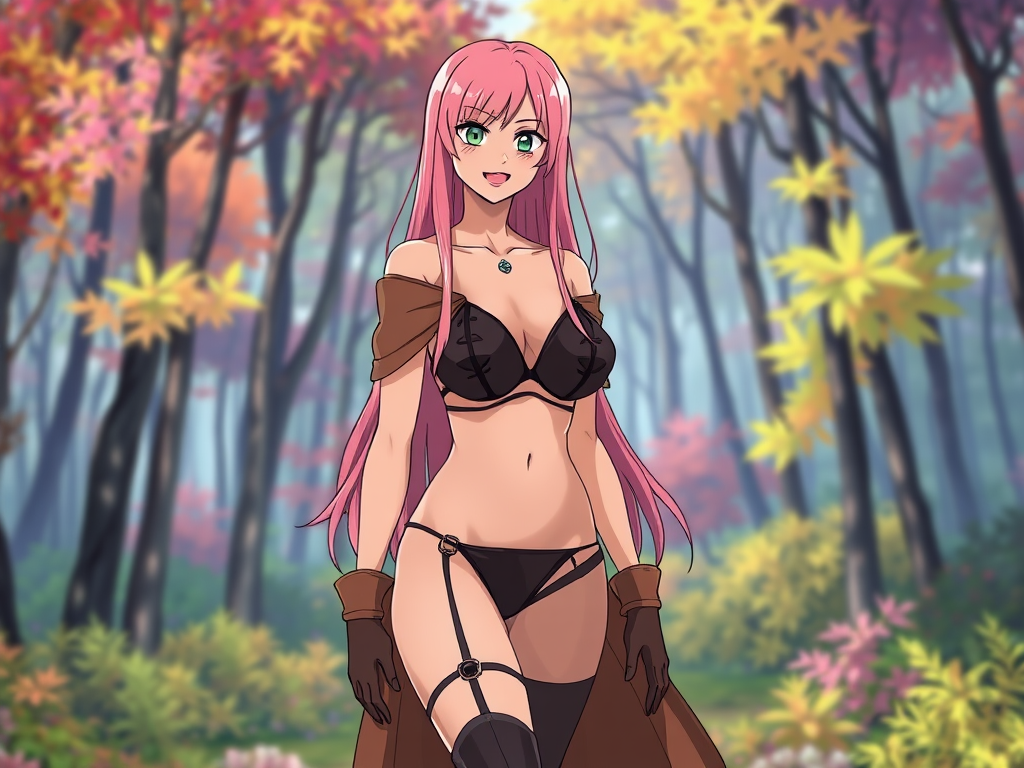 Anime Pink-Haired Mature Lady In Bright Forest