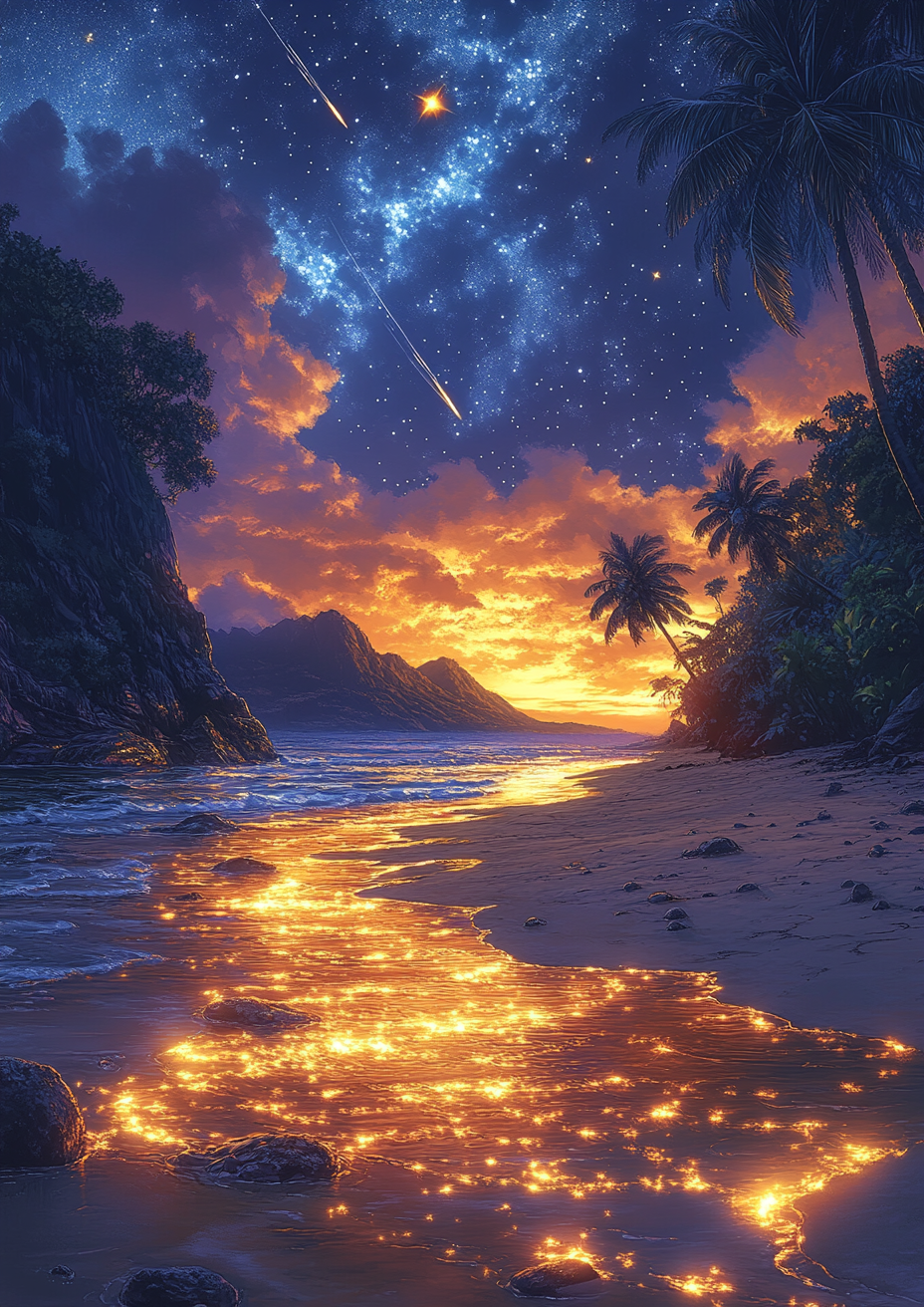 Anime beach scene with mountains, meteors and coconut trees.