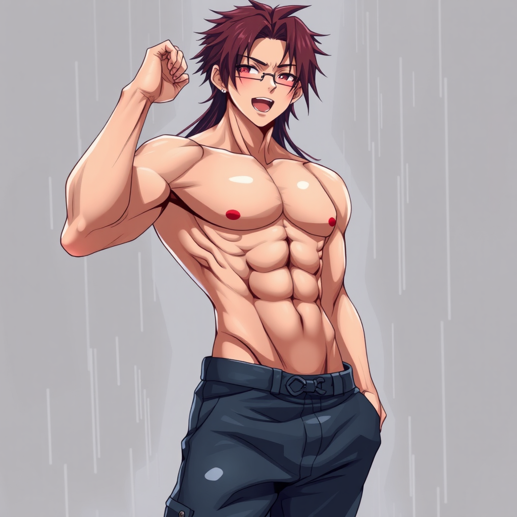 Anime boy with lean muscles and oiled body