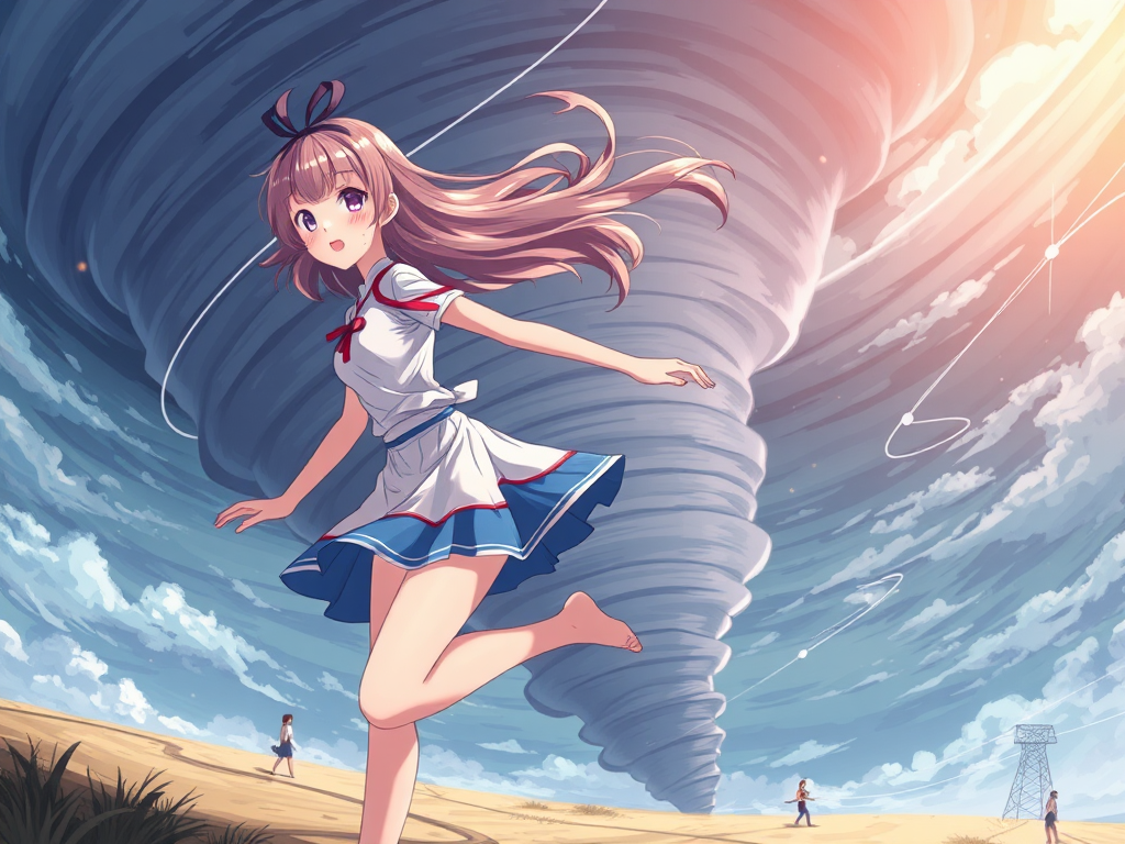 Anime girl dragged by windy tornado