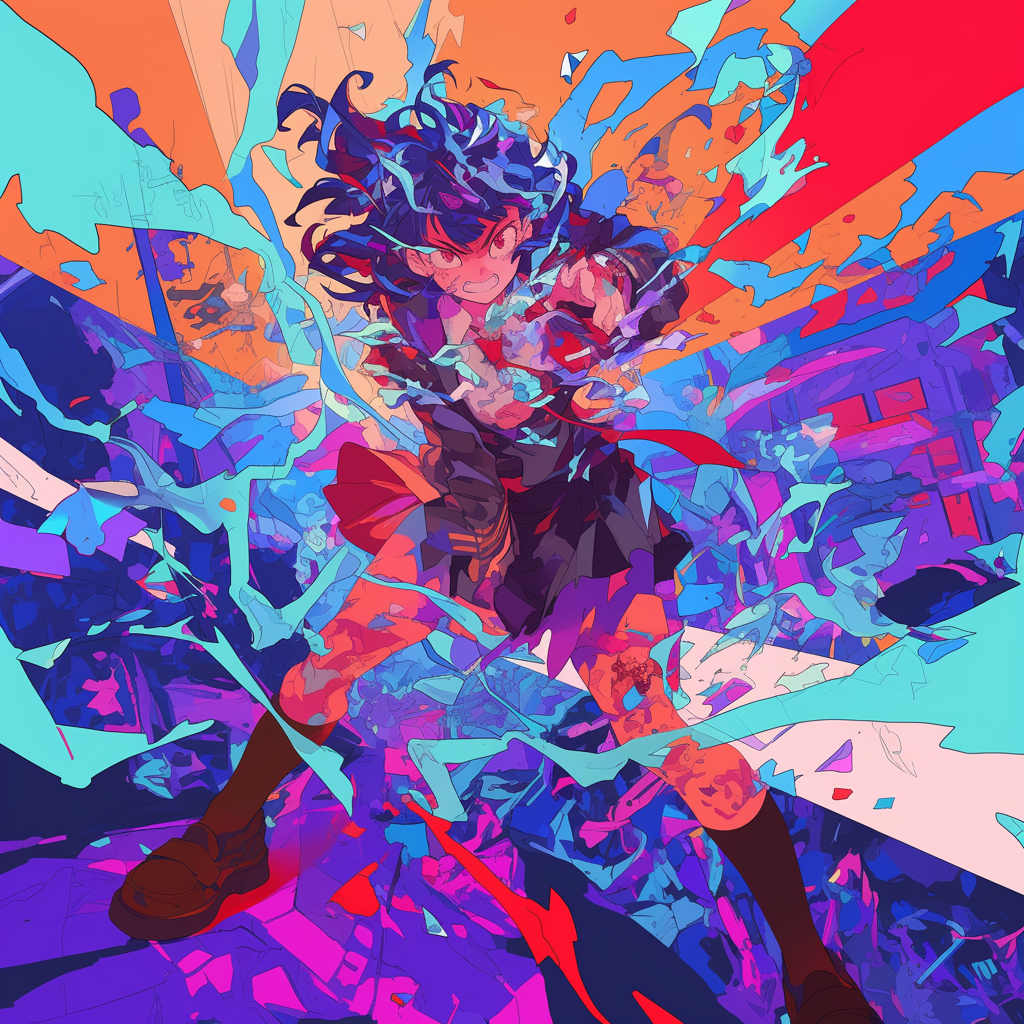 Anime girl fights villains in colorful chaos, high resolution.