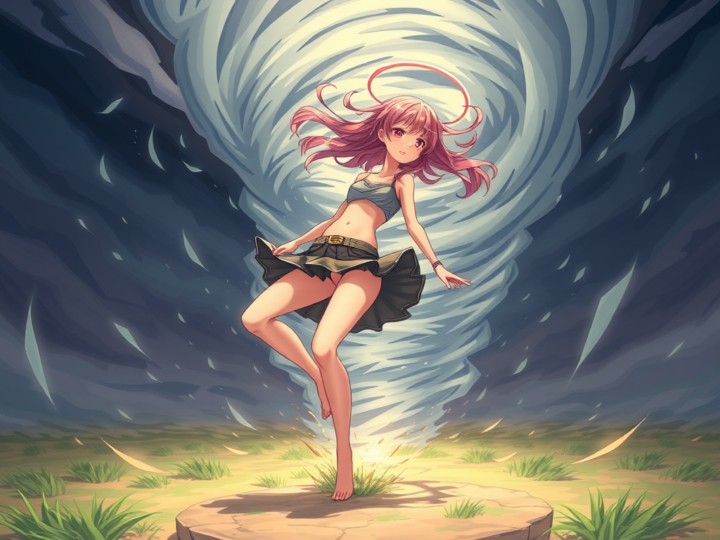 Anime girl hanging onto ground, skirt blown by wind.