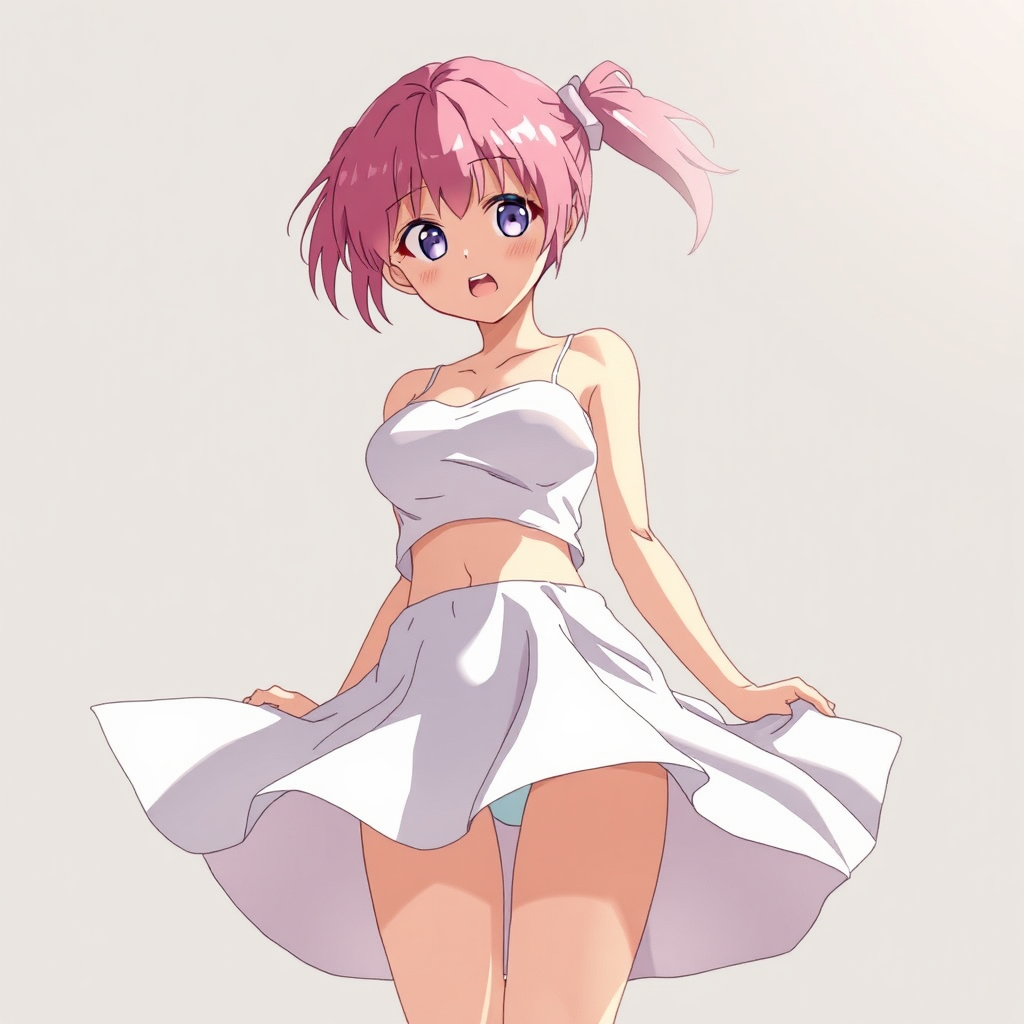 Anime girl in pink hair, white skirt cries.