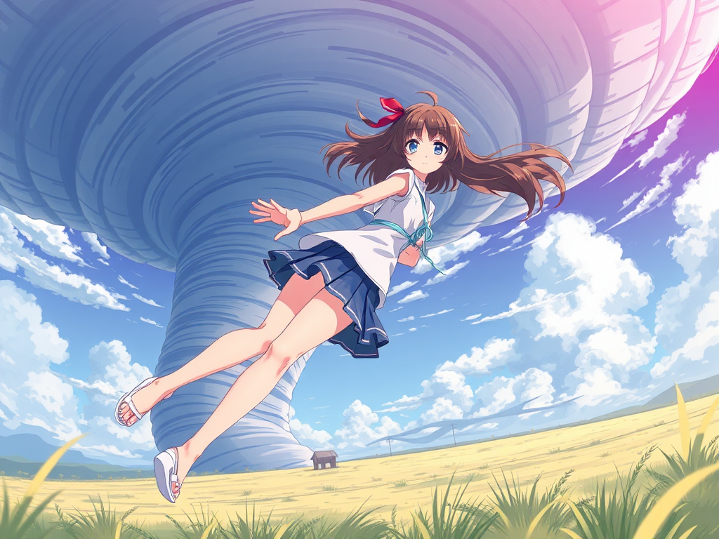 Anime girl in windy tornado with short skirt.