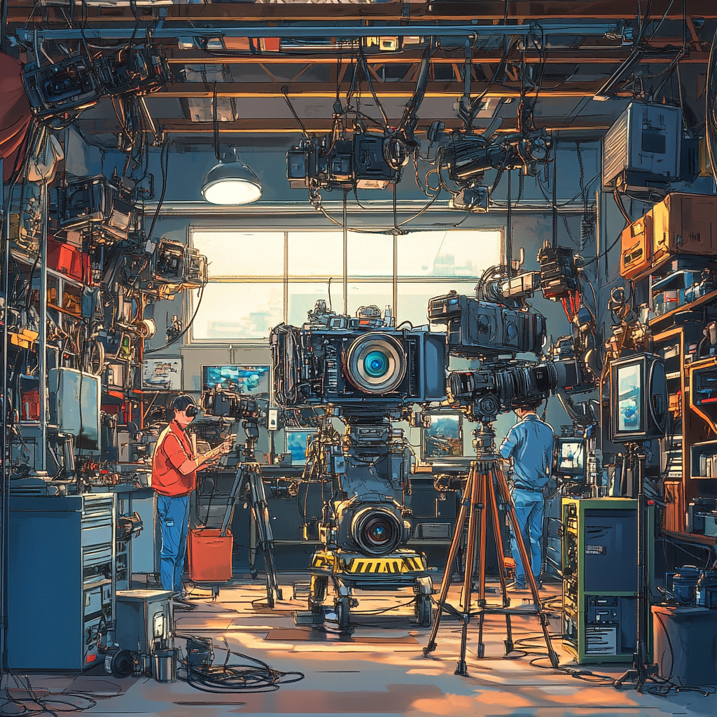 Anime mechanic shop turned cinema production garage with stylish details