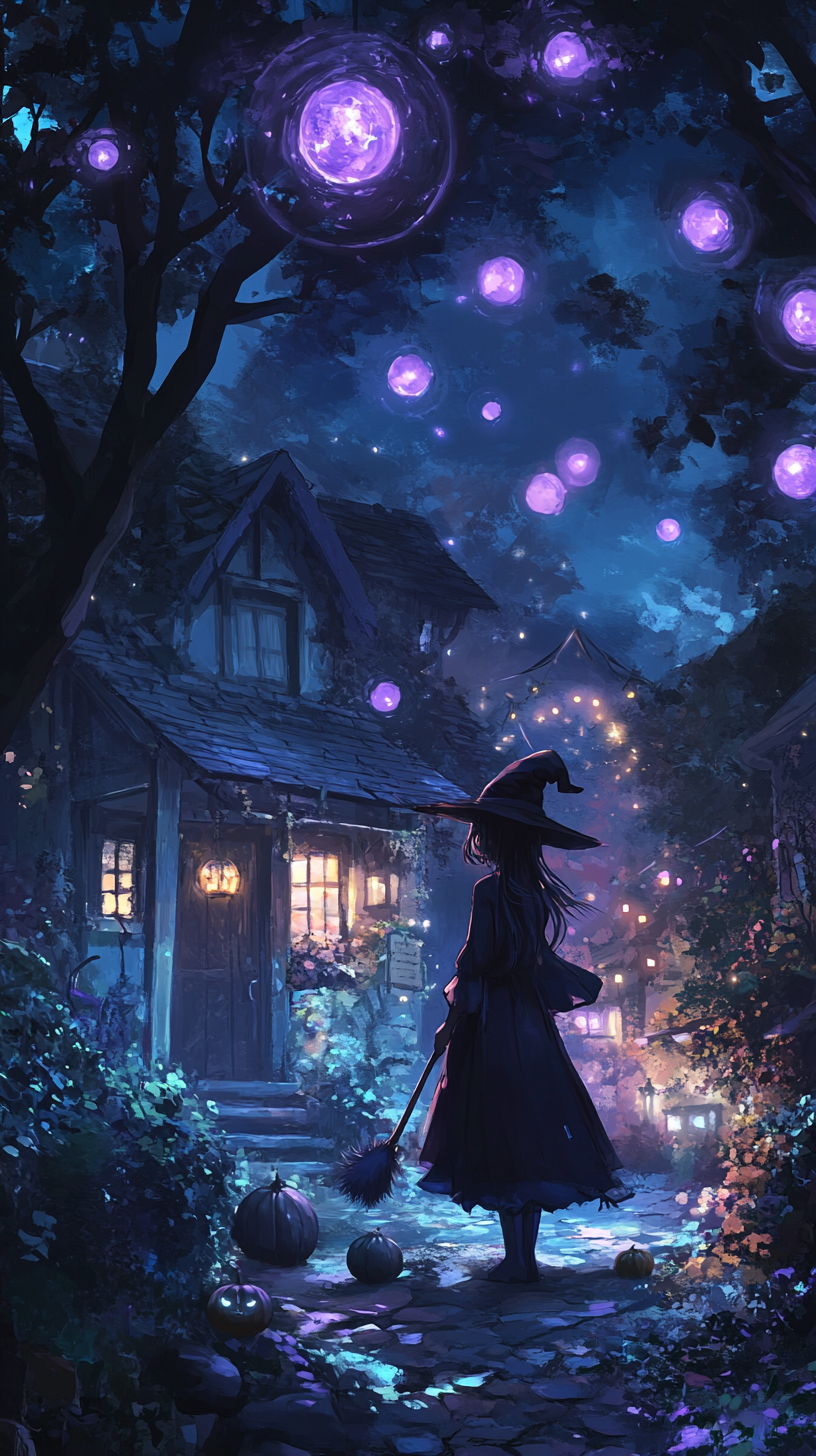 Anime witch at cobweb cottage with glowing orbs.