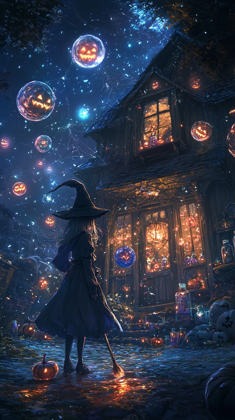 Anime witch with glowing orbs outside cottage on Halloween.