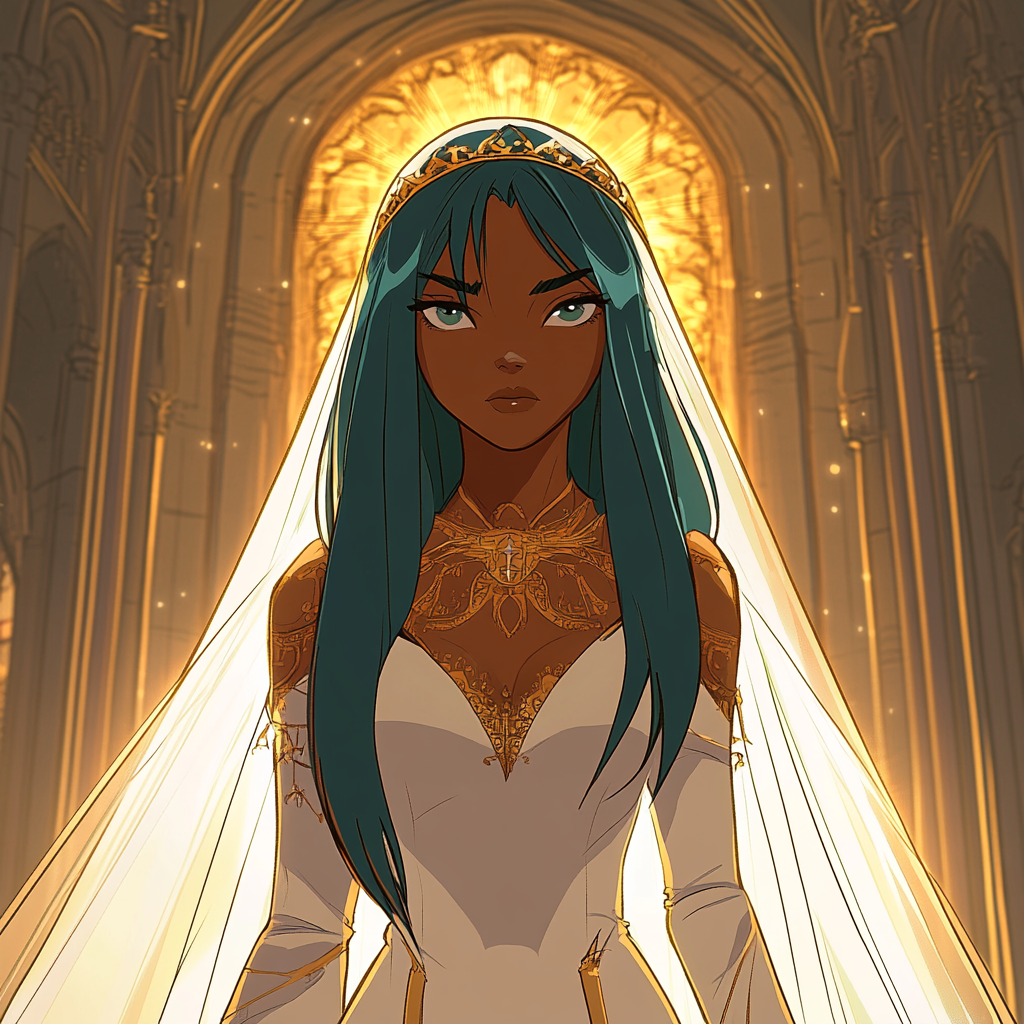 Annoyed black princess in glamorous cathedral