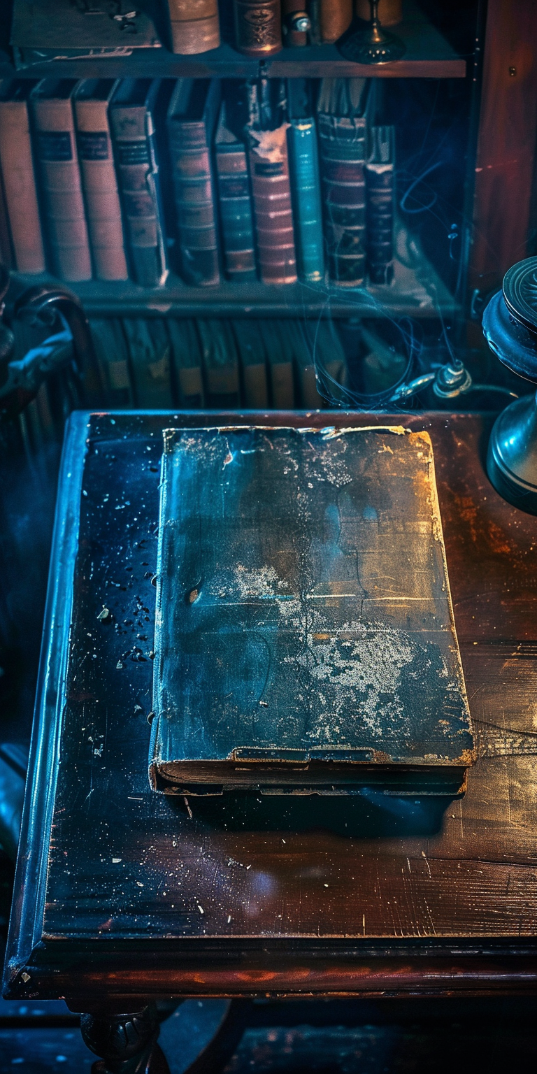 Antique book on desk in dark room library.