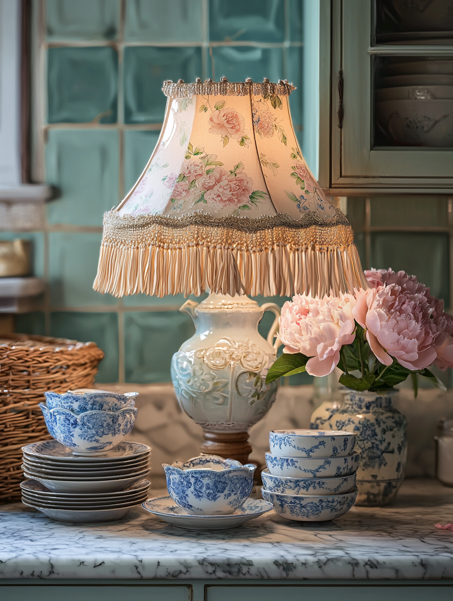 Antique lamp lights cozy kitchen with pastel dishes.