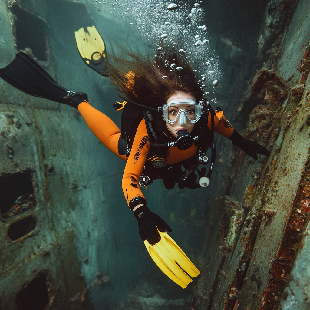 Anxious French diver exploring shipwreck in orange drysuit.