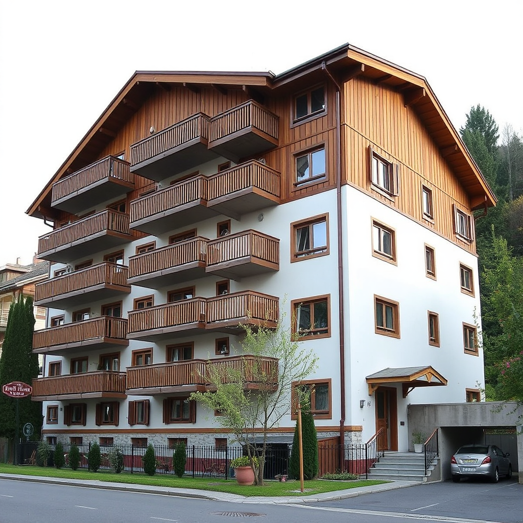 Apartment building with parking entrance, wooden and plaster