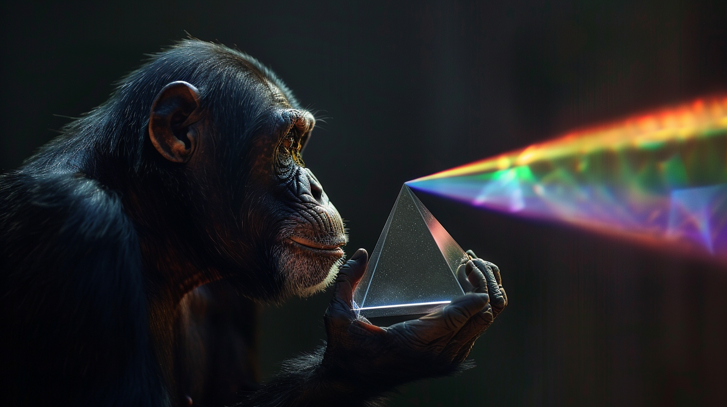 Ape holding colorful light prism shape.