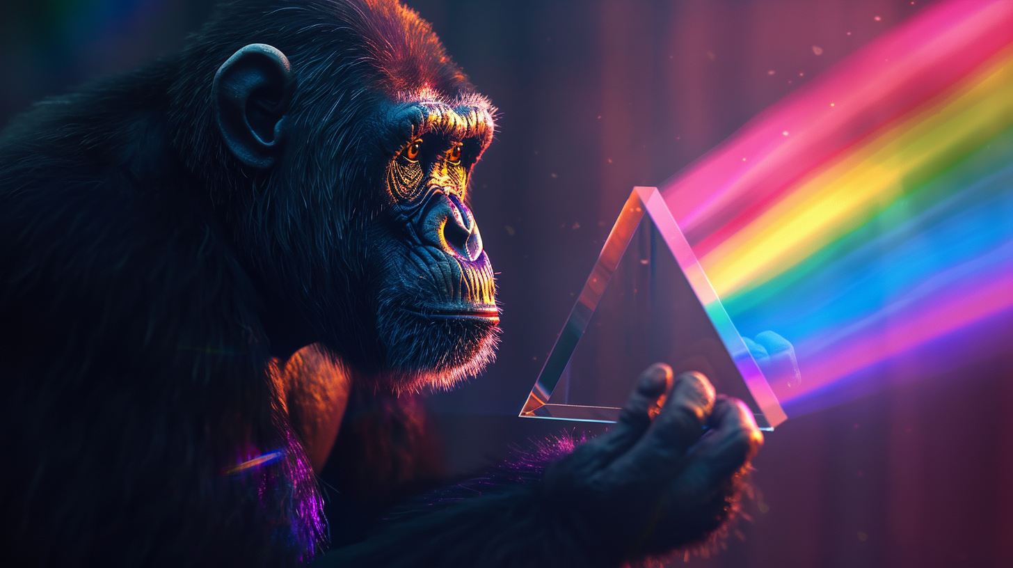 Ape holding prism emitting colorful light.