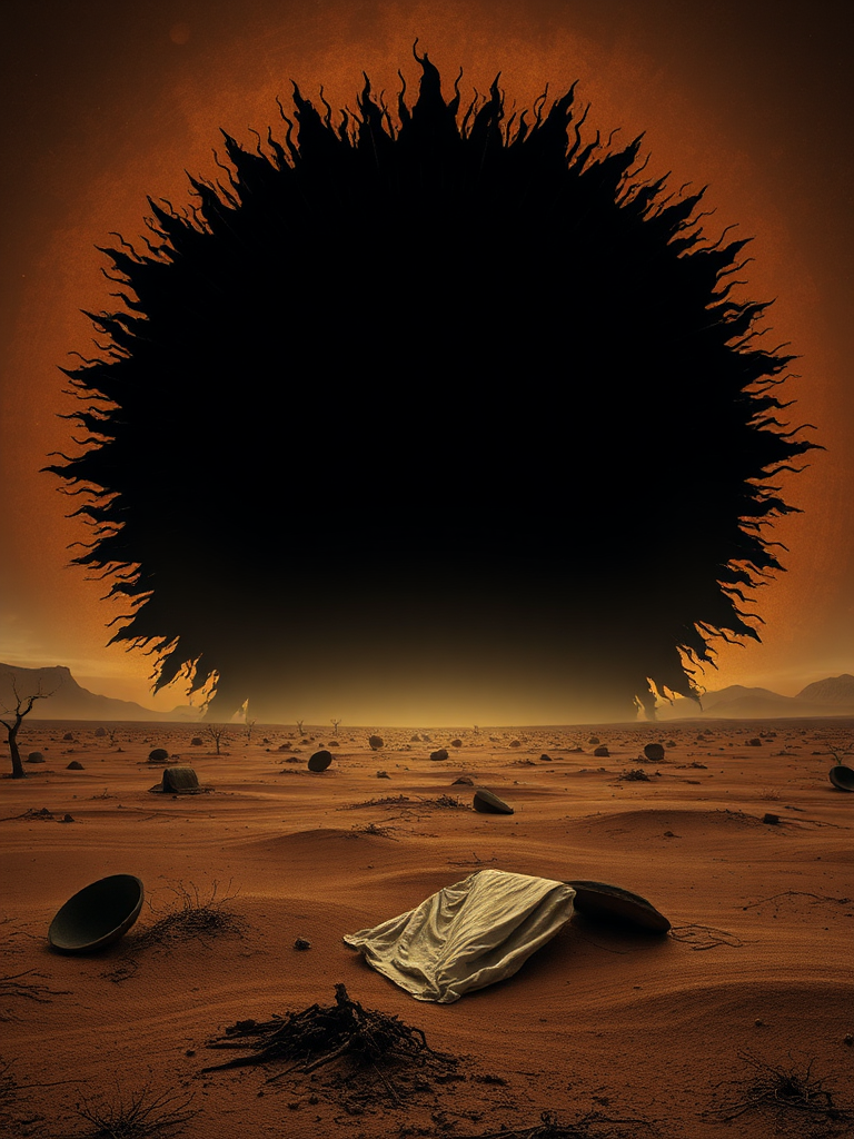 Apocalyptic desert under black sun.