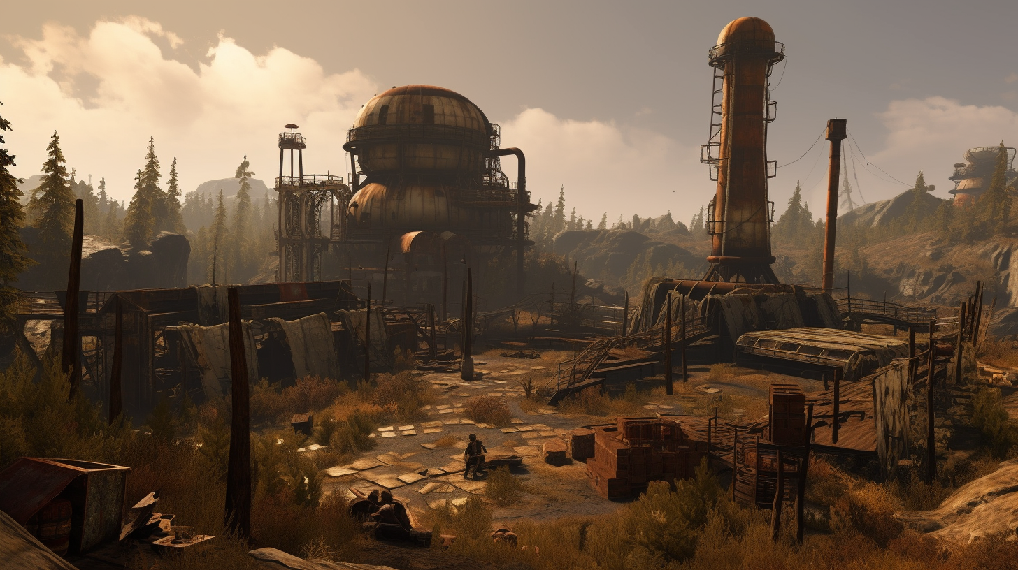 Apocalyptic landscape inspired by Rust game, Launch Site scene.