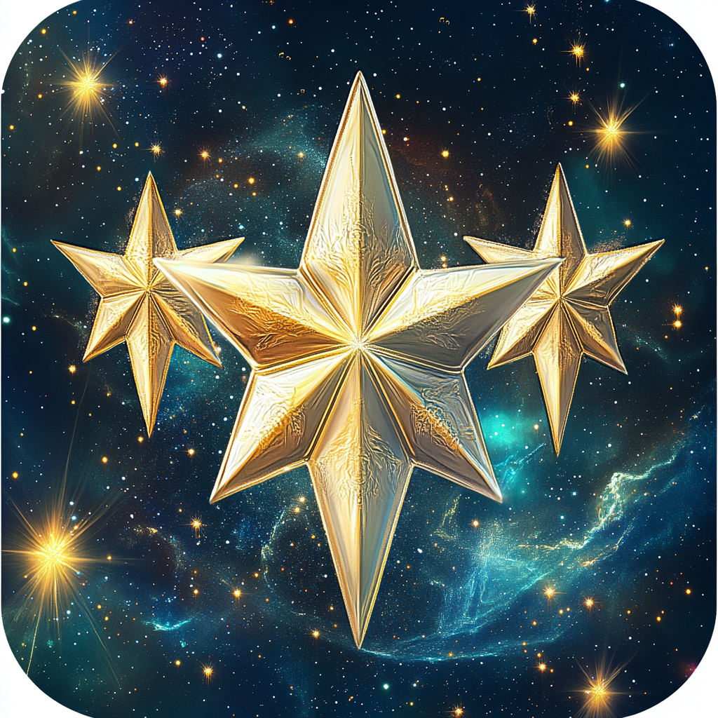 App icon: three radiant stars in gold and white.