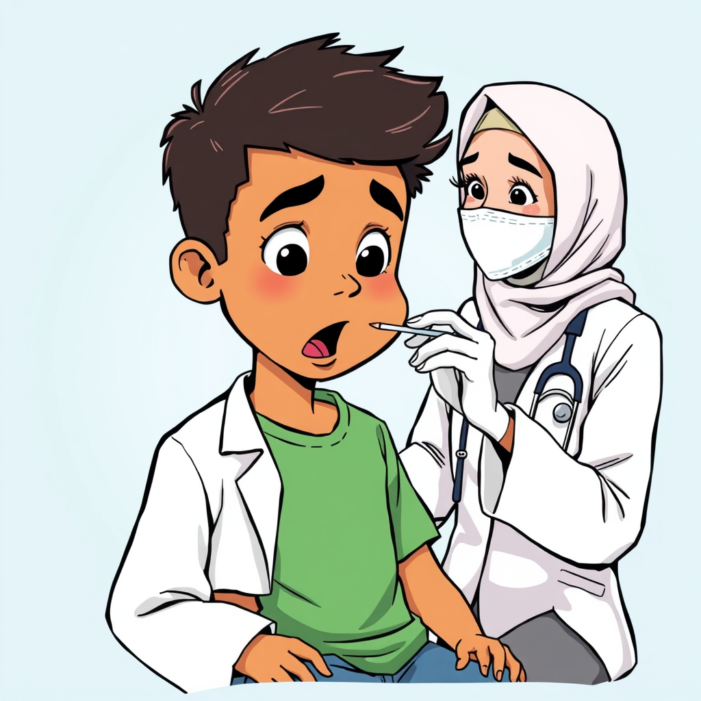 Arab Doctor Performing Cheek Swab on Child