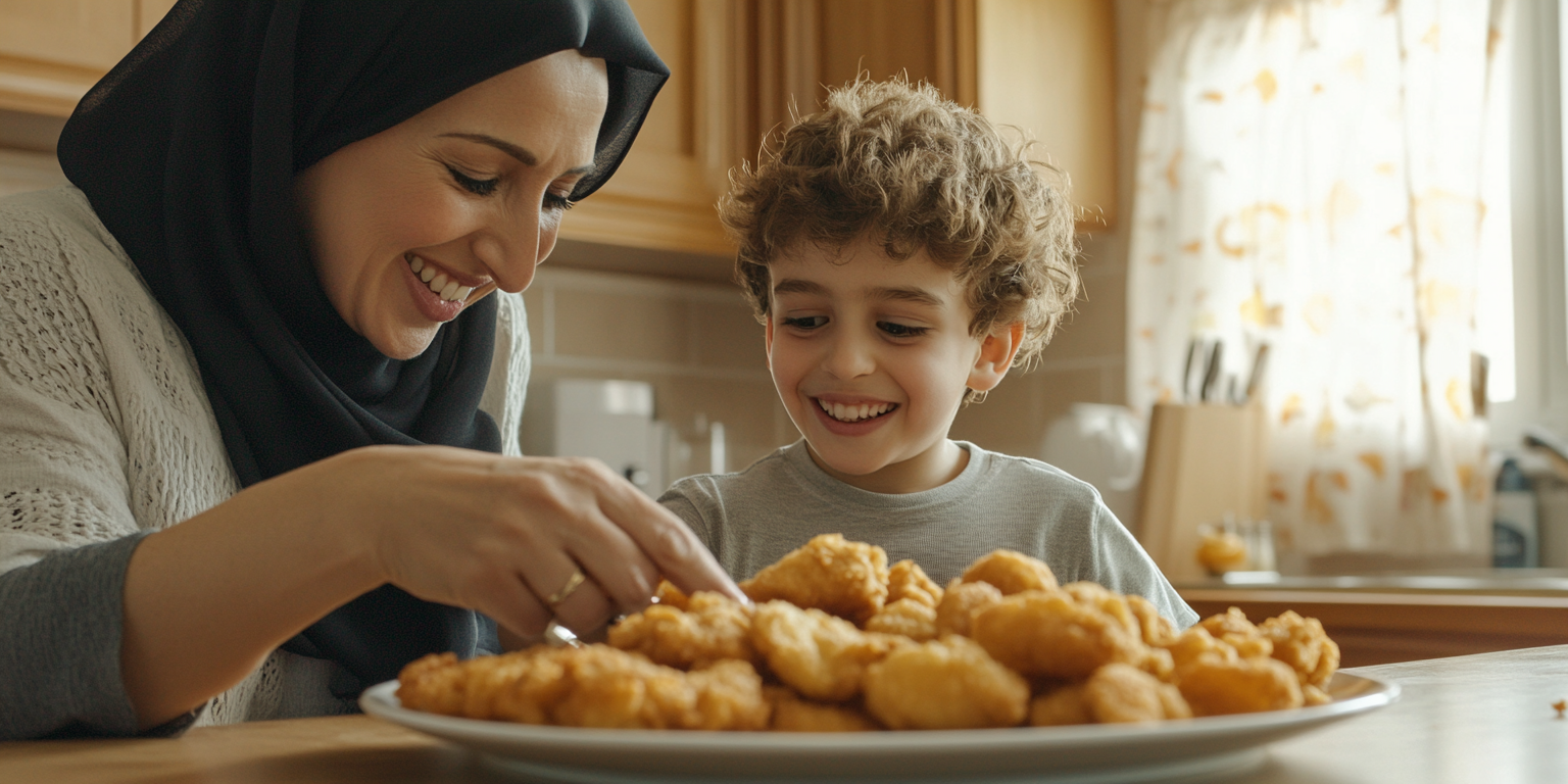 Arab Family Enjoying Chicken Strips in Ramadan Kitchen