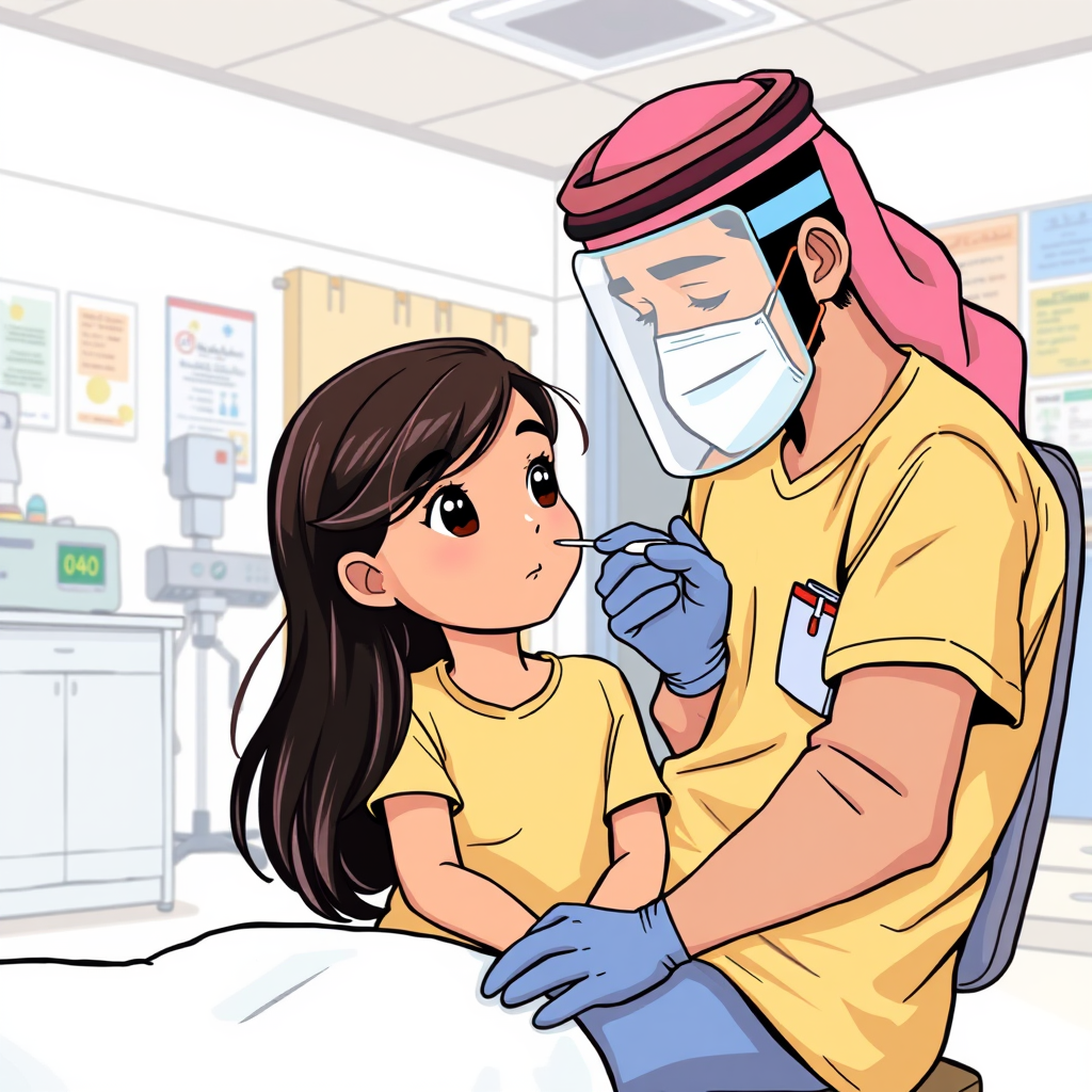 Arab Nurse Performing Nasal Swab on Young Girl