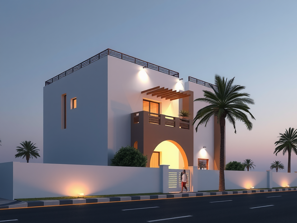 Arabian Modern Building with Human, Road, Coconut Tree