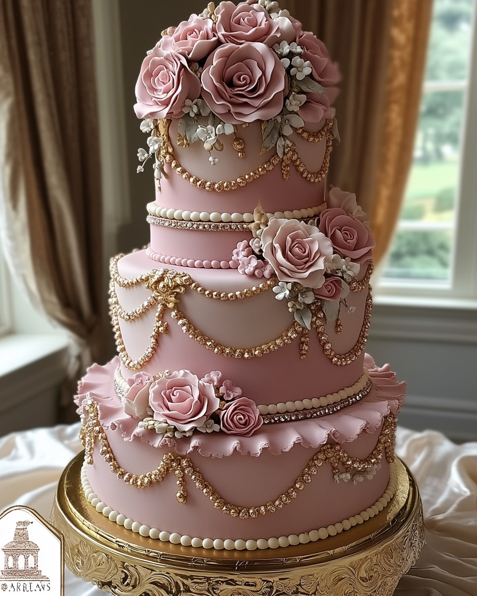 Arabic-Inspired Tiered Cake with Pink Roses and Gold Accents