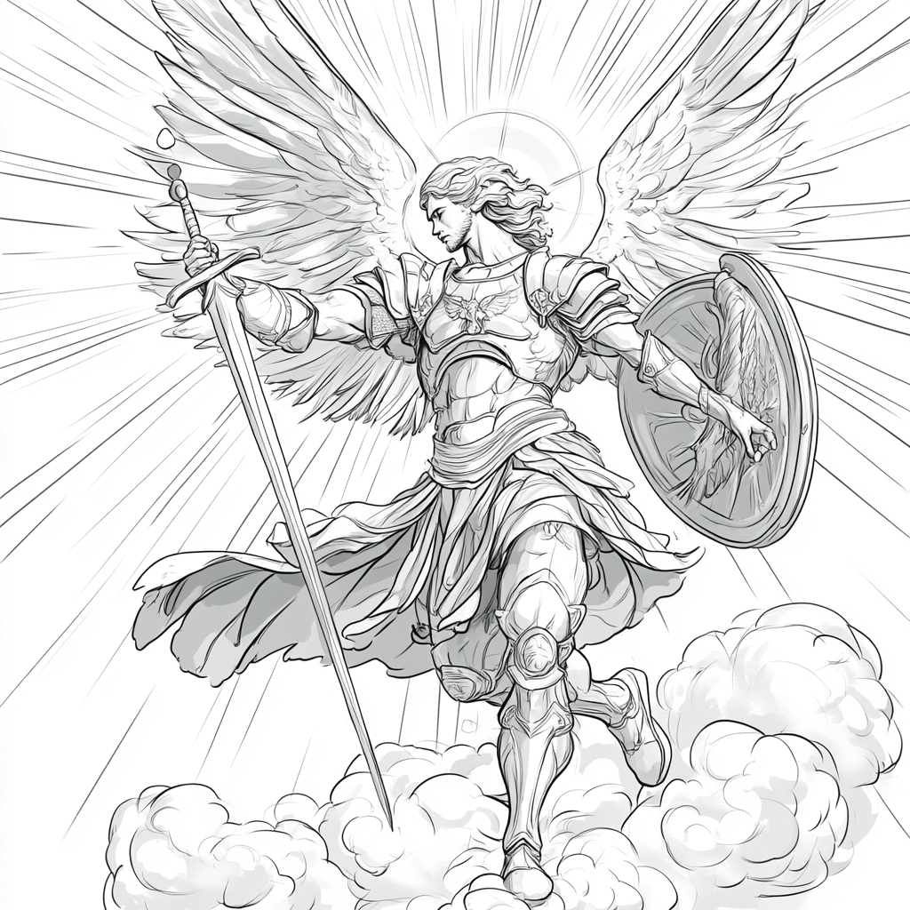 Archangel Michael Defeats Satan in Dramatic Line Art