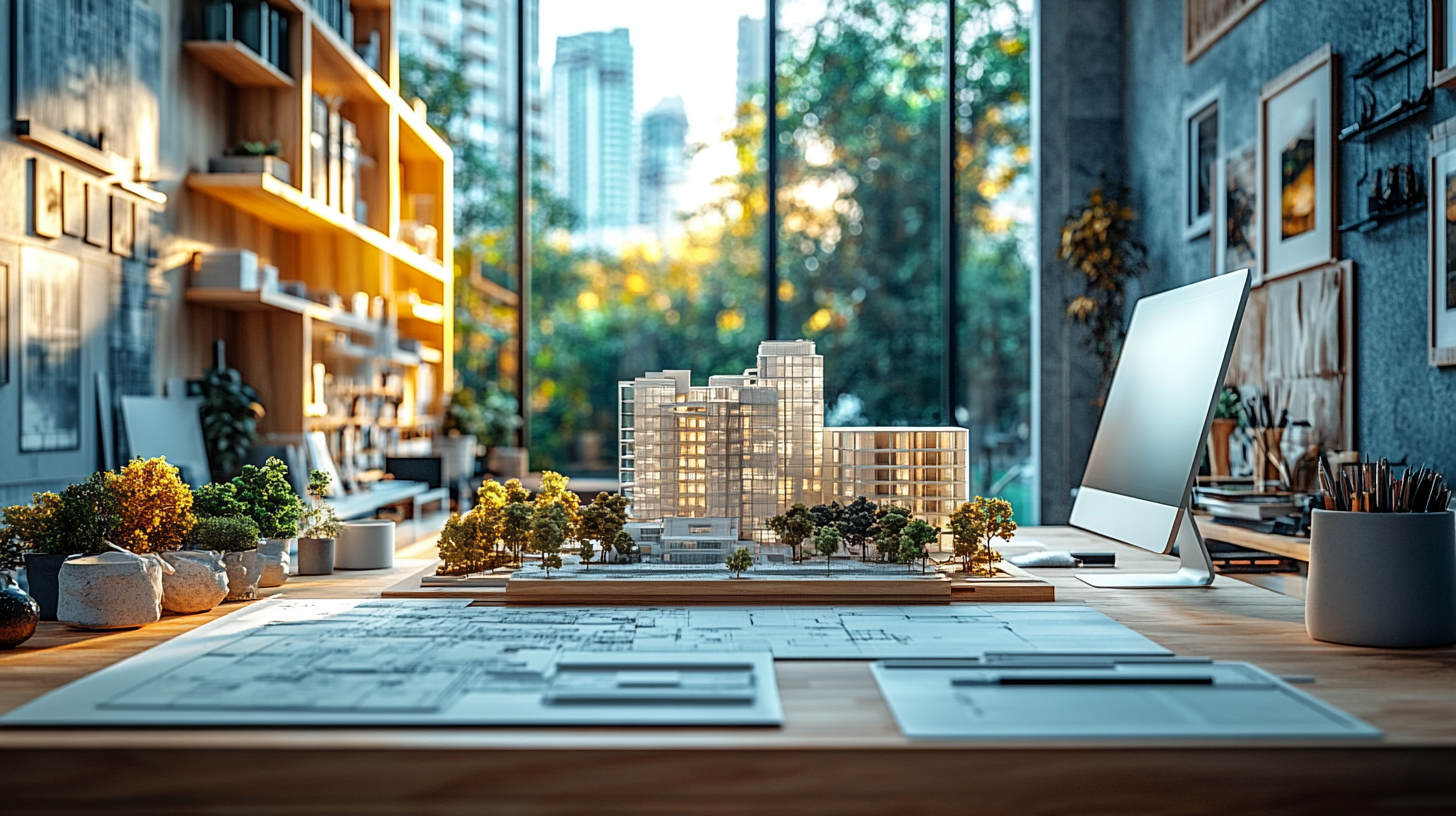 Architect's office with models, city view, blueprints, decor