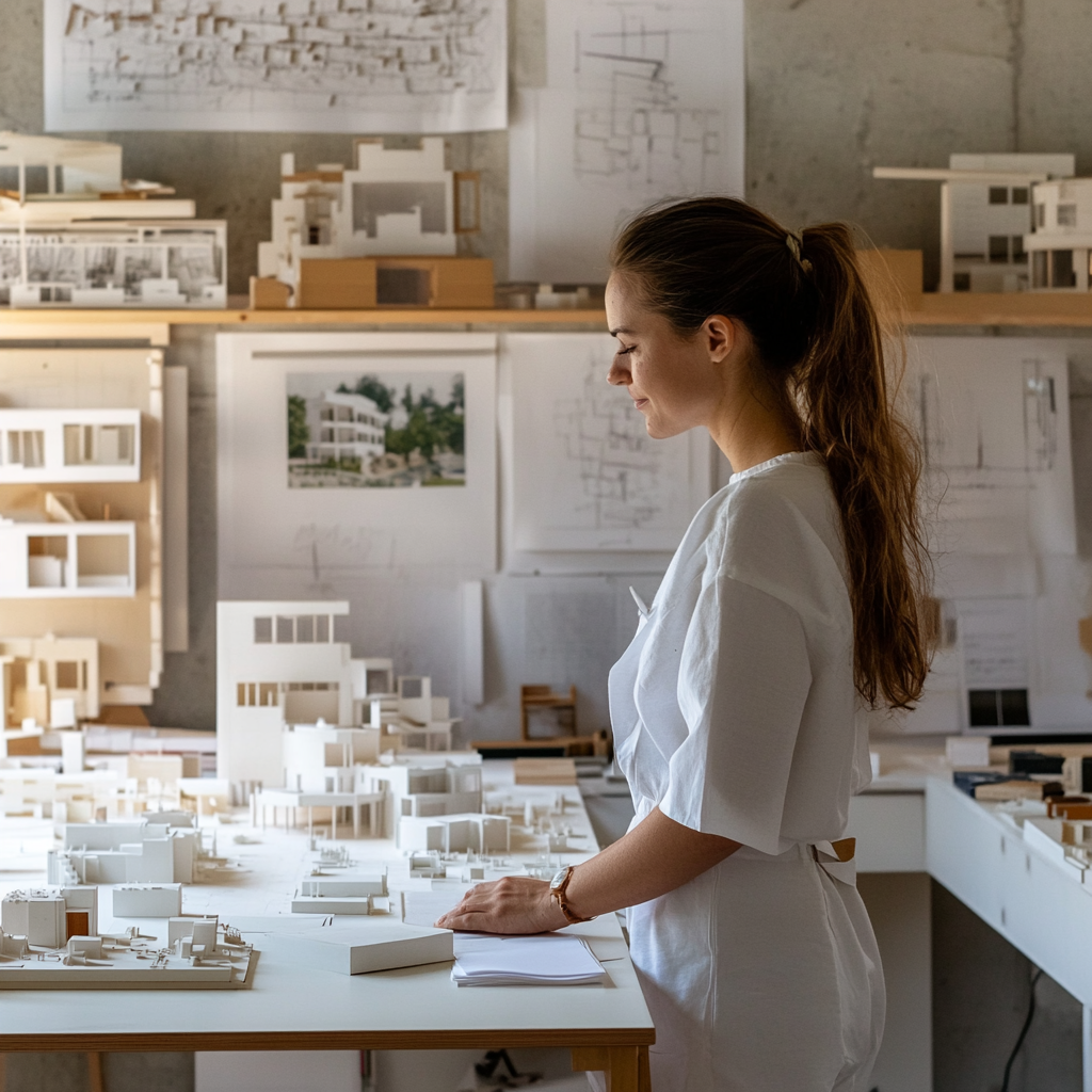 Architect displays scale models in studio, technical drawings posters.