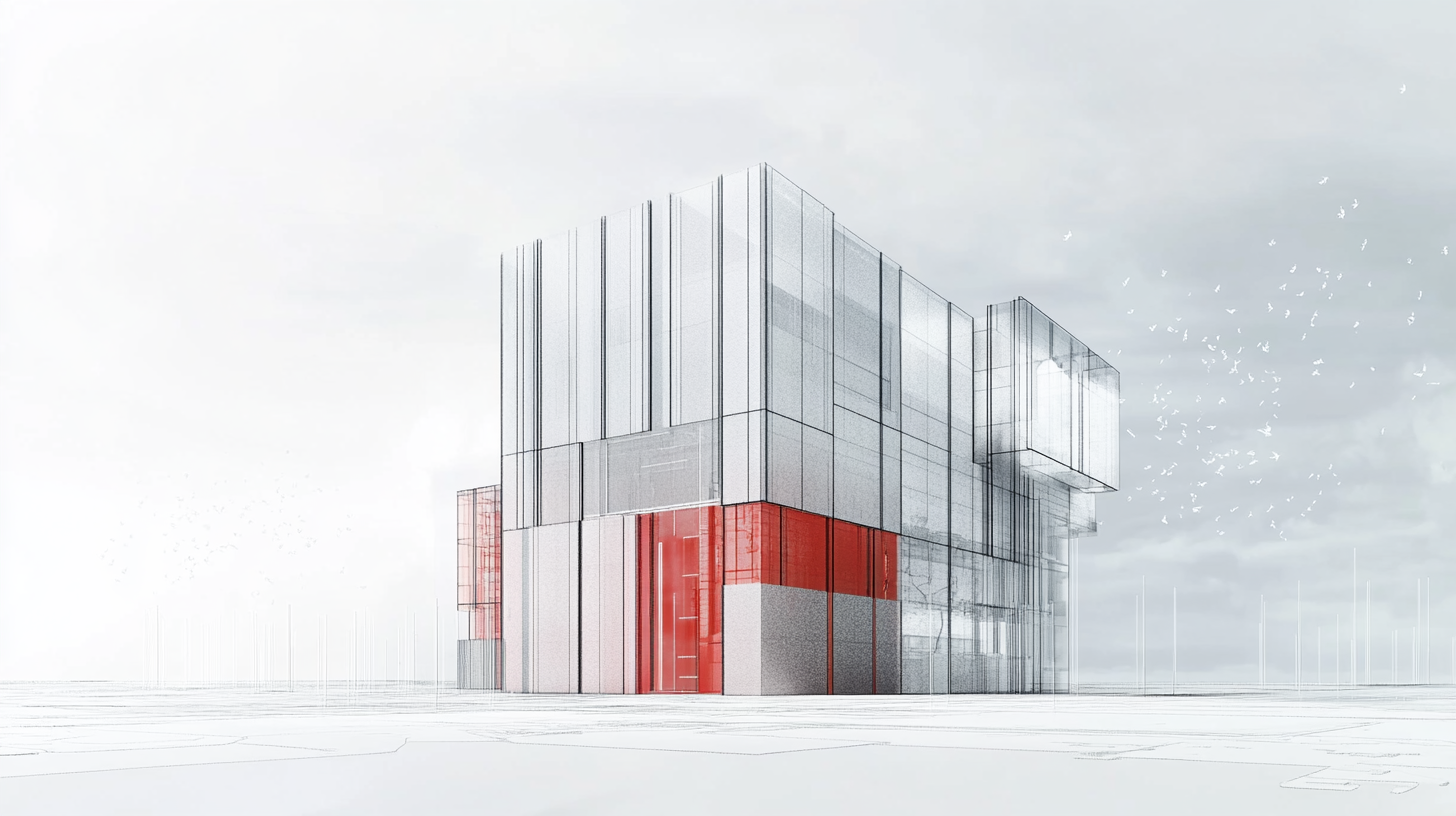 Architectural rendering of factory building in gray tones