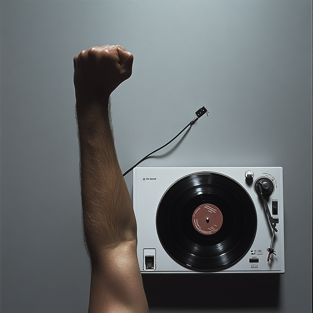 Arm with fist holds flying needle, playing music