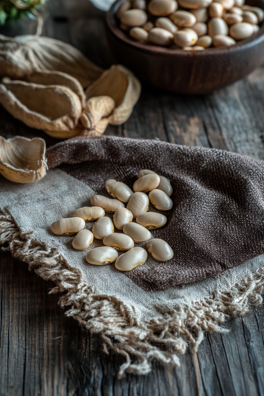 Arrangement of Broad Bean Seeds on Wooden Table