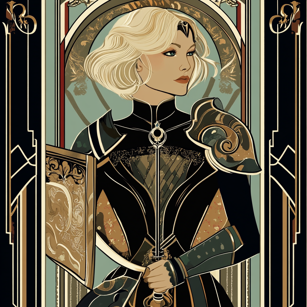 Art Deco elegance: female Jack with sword and shield.