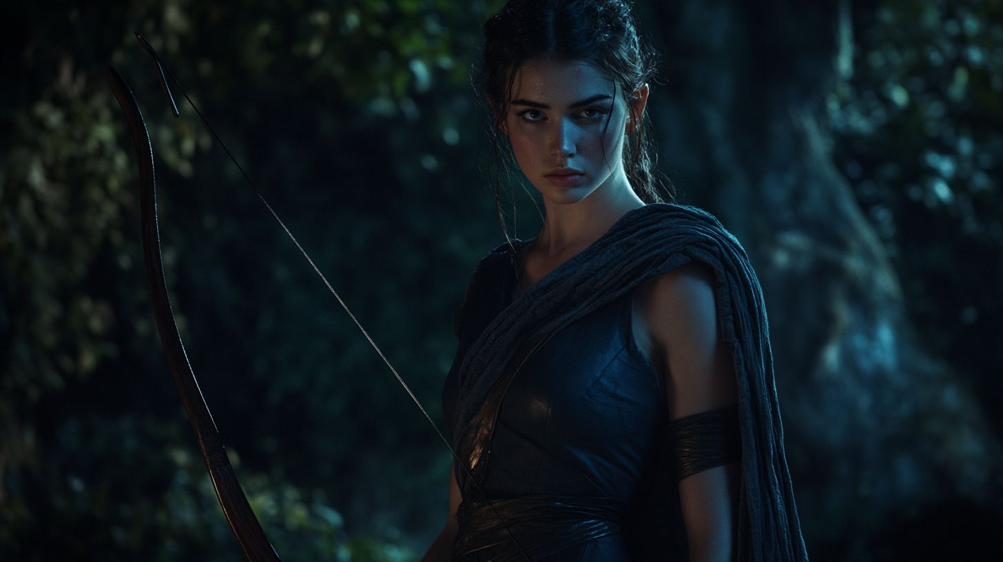 Artemis with Her Bow in Moonlit Forest