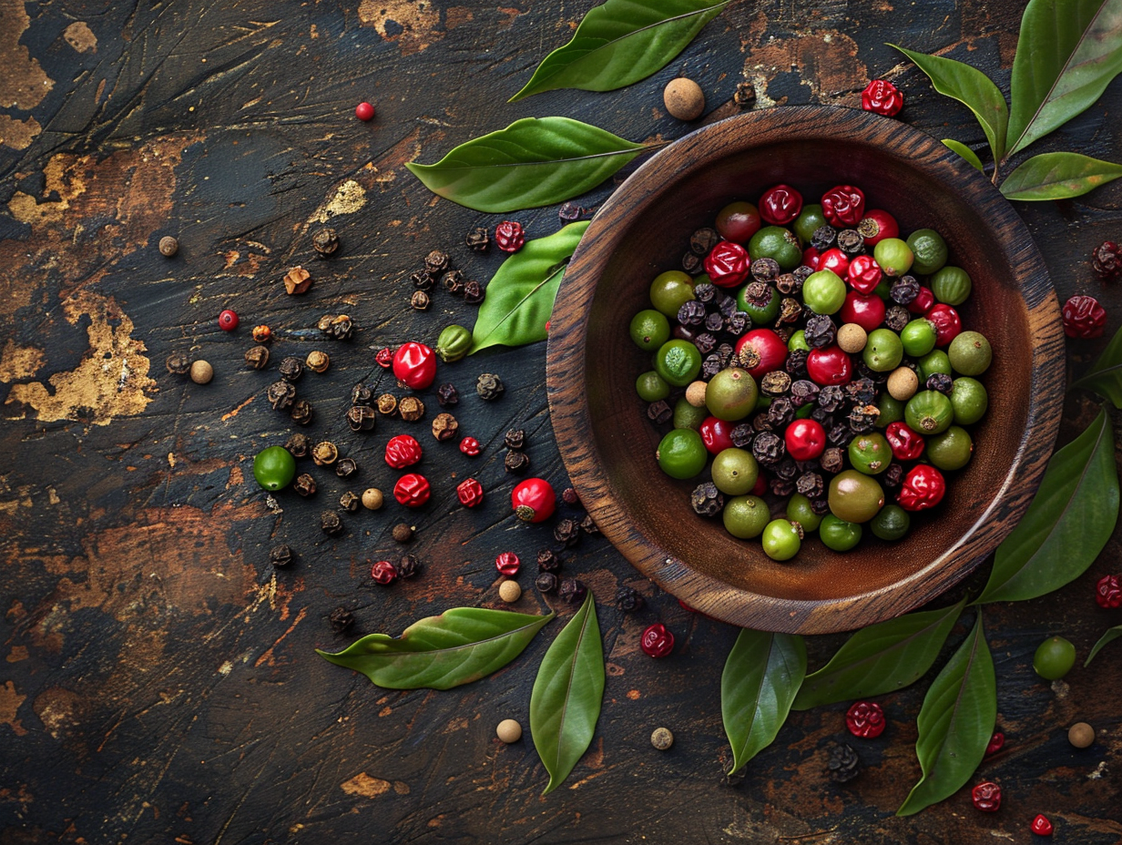 Artful Display of Kampot Peppercorns on Rustic Wood