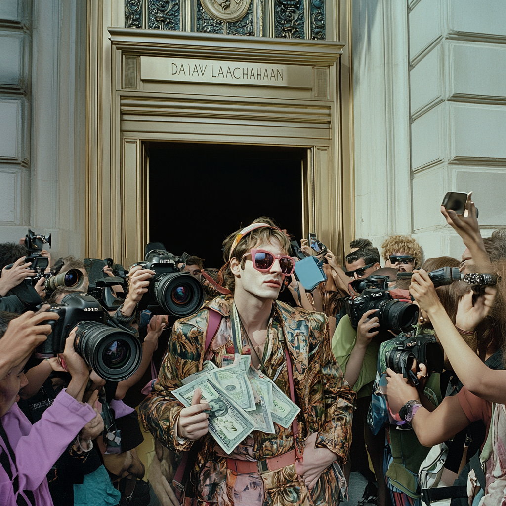 Artist flaunts wealth outside gallery as paparazzi scramble. Vivid.