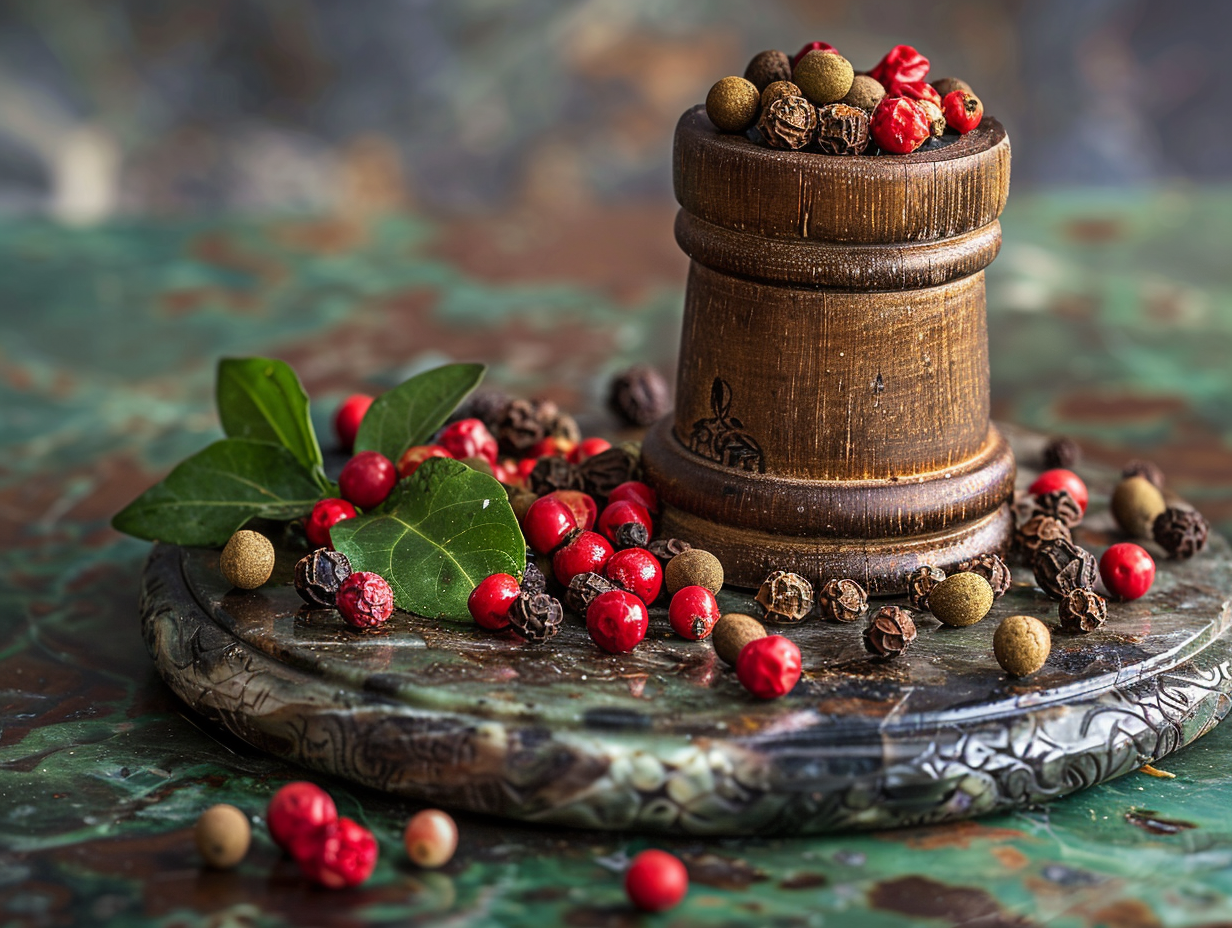 Artistic Display of Kampot Peppercorns on Marble