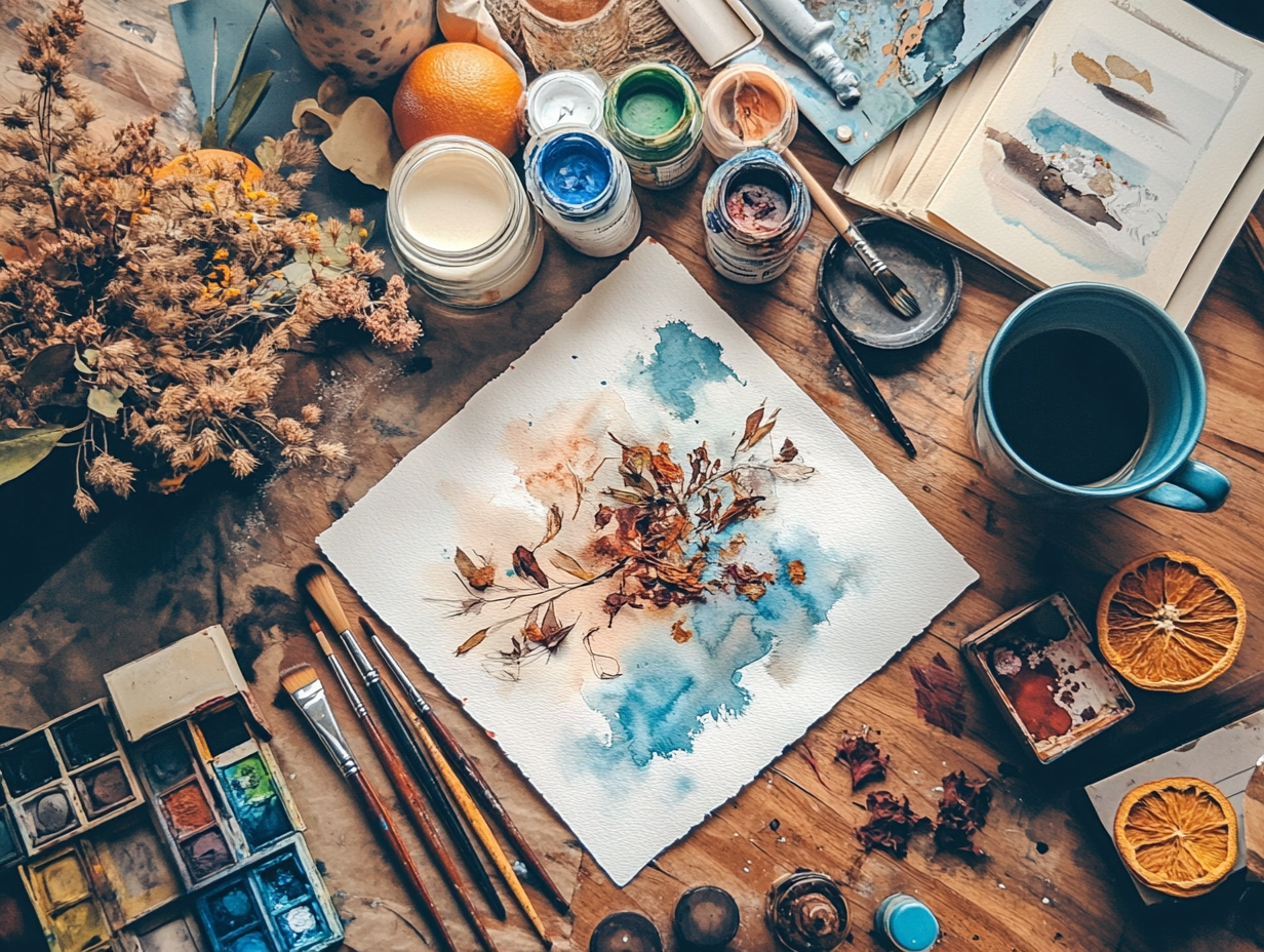 Artistic Workspace with Natural Elements and Supplies