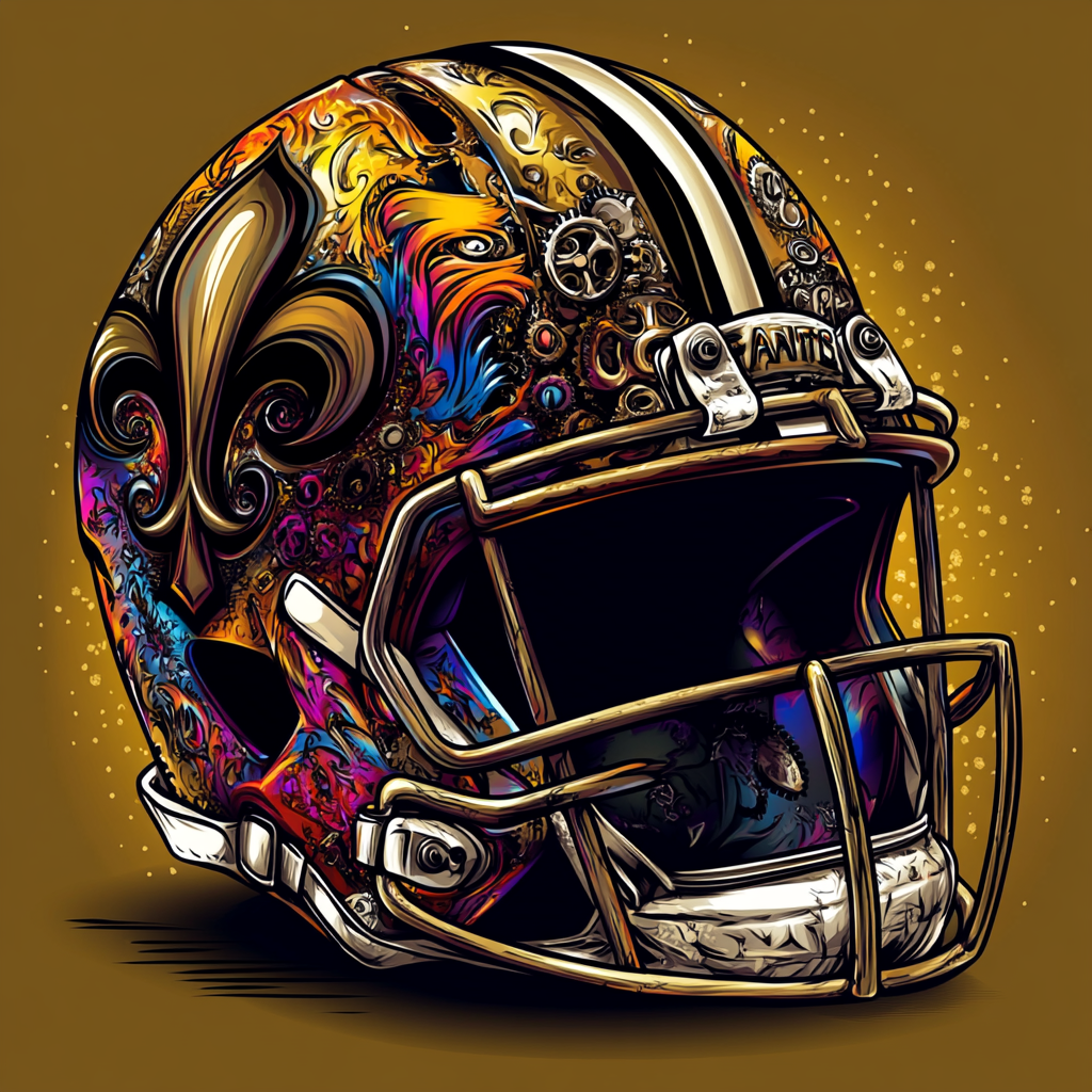 Artistic football helmet with gears, flames, and fleur-de-lis symbol.