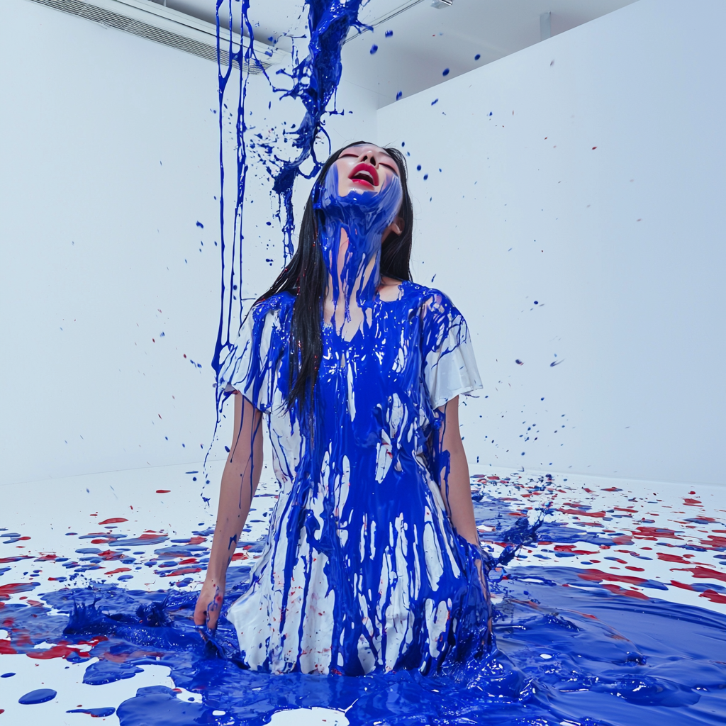 Artistic photoshoot of Chinese model in Klein blue liquid.