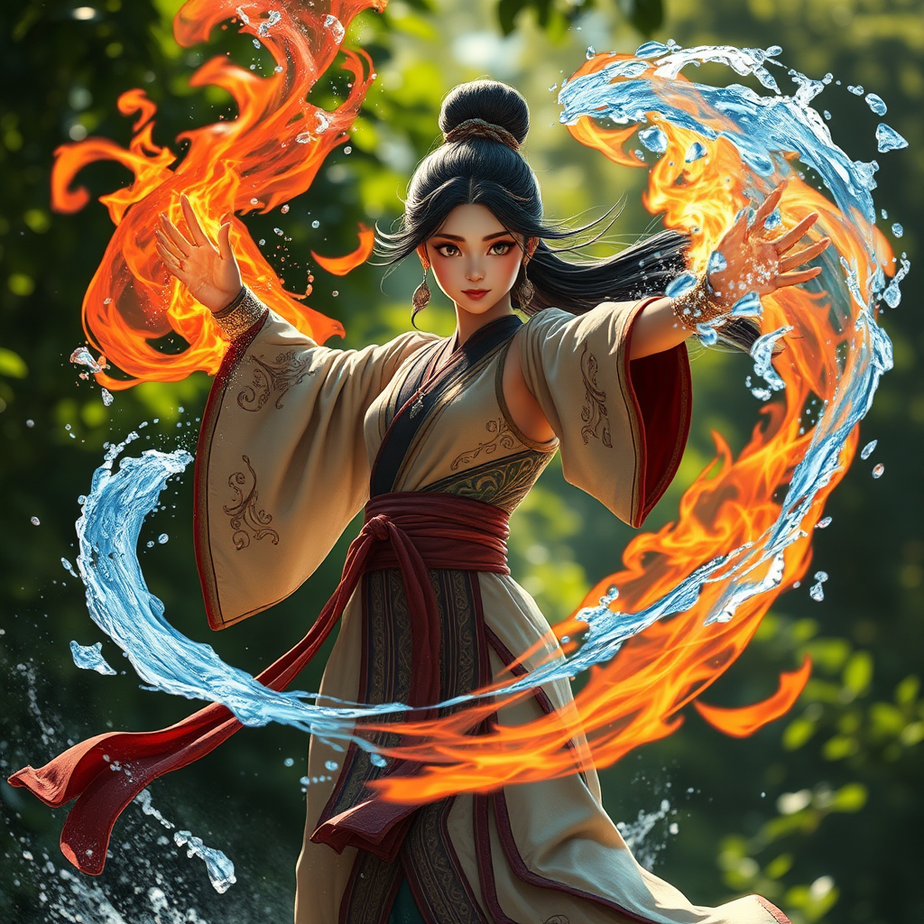 Asian Girl Commands Water and Fire Elements