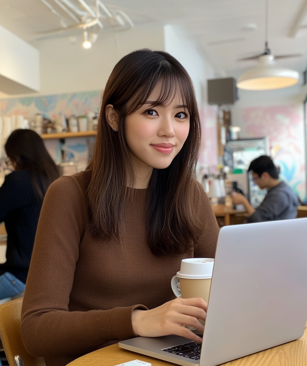 Asian Woman Working in Cafe with Laptop