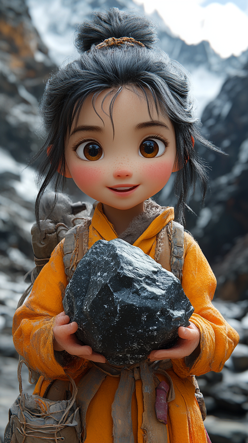 Asian girl finds magical black rock in mountains