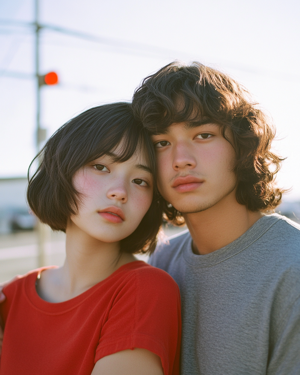 Asian girl in red holding boyfriend's shoulder, Tarkovsky style.